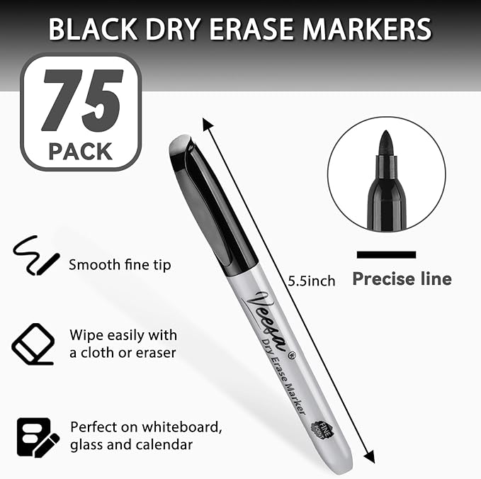 VEESA Dry Erase Markers Black, Fine Tip, 75 Count Low-Odor Whiteboard Marker Pens, Back to School Supplies, Office Series