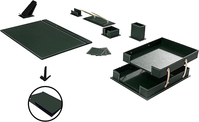 MOOGCO Bonded Set Luxury Leather Desk Pad & Desk Organization Essentials Desk Organizer Leather Desk Organizer (Green)