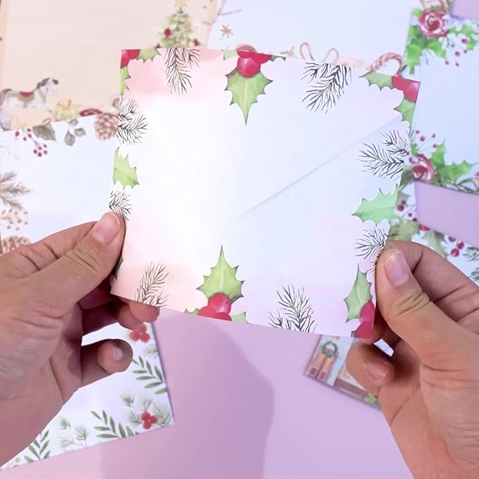 160pcs Christmas Stationery Paper and Envelope Set, 50 Sheets Christmas Holiday Letterhead Paper 50 Matching Envelopes 60 Stickers， Falling Holly Xmas Writing Paper for Winter & Holiday Events