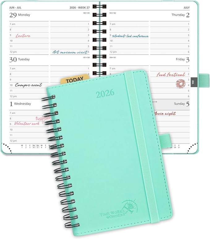 POPRUN Pocket 2026 Planner (Small Size- 4'' x 6.25'') Weekly and Monthly for Purse - Calendar 2026 (Jan. 2026 - Dec.2026) with Soft Cover, Plastic Ruler - Green