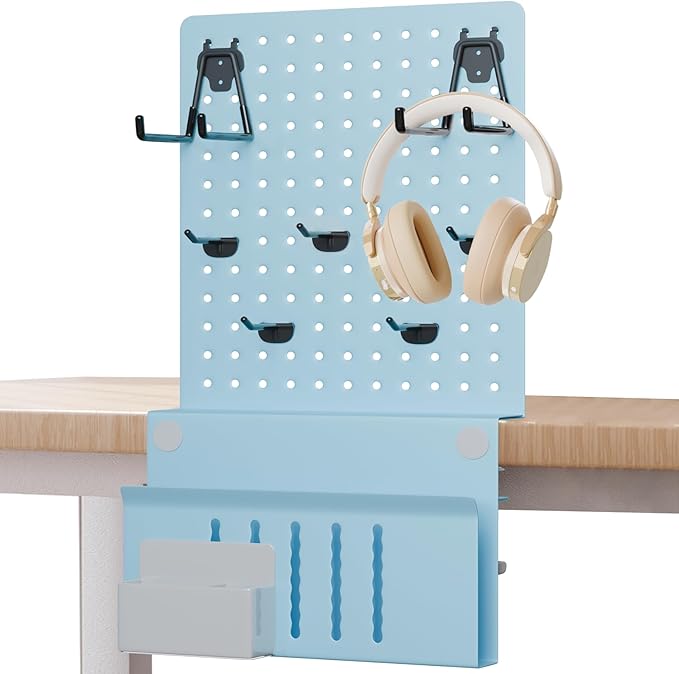 Desk Side Storage with Clamp-On Desk Pegboard, Steel Privacy Panel, No-Drill Desk Organizer with Pen Holder, Table-Side Laptop Holder for Office and Home (Blue)