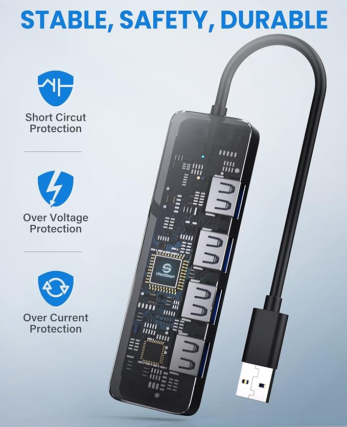 UtechSmart USB 3.0 Hub, 4 Port USB Hub Splitter with 5 Gbps Data Transfer, USB Expander Compatible for MacBook Pro 13/14/15/16, New Mac Air/Surface, ChromeBook, Multiport Charging & Connecting Adapter