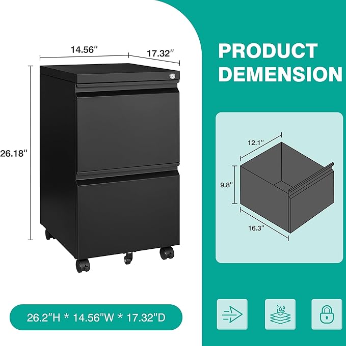 SISESOL Assembled 2 Drawer File Cabinet on Wheels,Metal Filing Cabinet with Lock,Black Rolling File Cabinets,Under Desk Office Cabinets for Home Office,Fit A4/Letter/Legal,Pre-Assembled Except Caster
