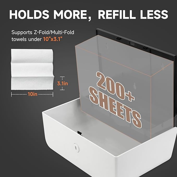 200-Sheet Wall-Mounted Paper Towel Dispenser, Fits Multi-Fold Towels up to 10x3.1 Inches, Perfect for Home & Business (White)