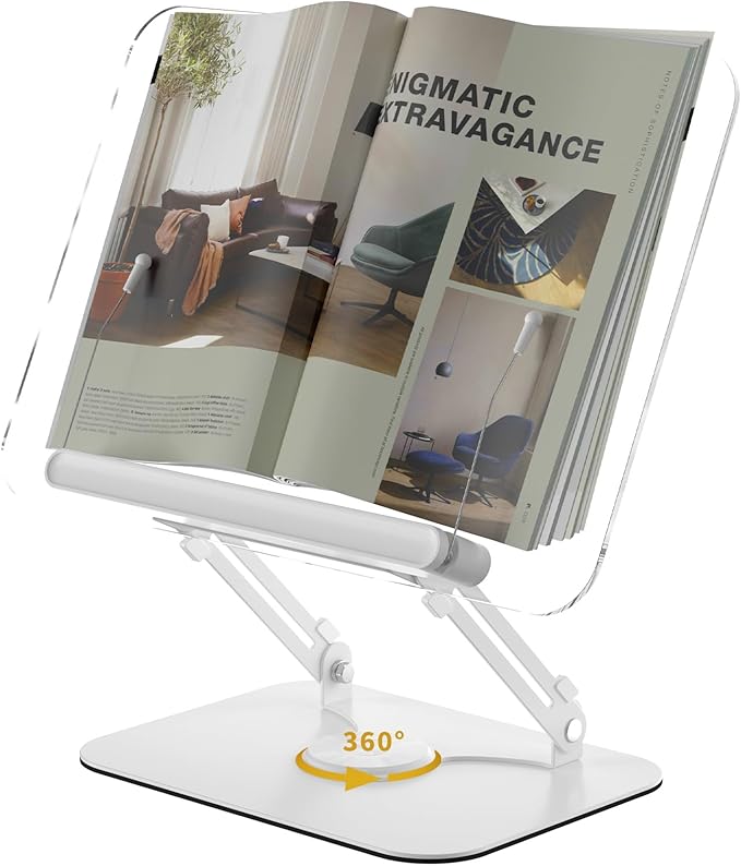 Acrylic Book Stand for Reading,Adjustable Holder with 360° Rotates Base & Page Clips,Foldable Desktop Ricer for Cookbook,Music Scores,Laptop,Tablet,Recipe,Textbook,Magazines