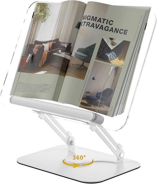 Acrylic Book Stand for Reading,Adjustable Holder with 360° Rotates Base & Page Clips,Foldable Desktop Ricer for Cookbook,Music Scores,Laptop,Tablet,Recipe,Textbook,Magazines