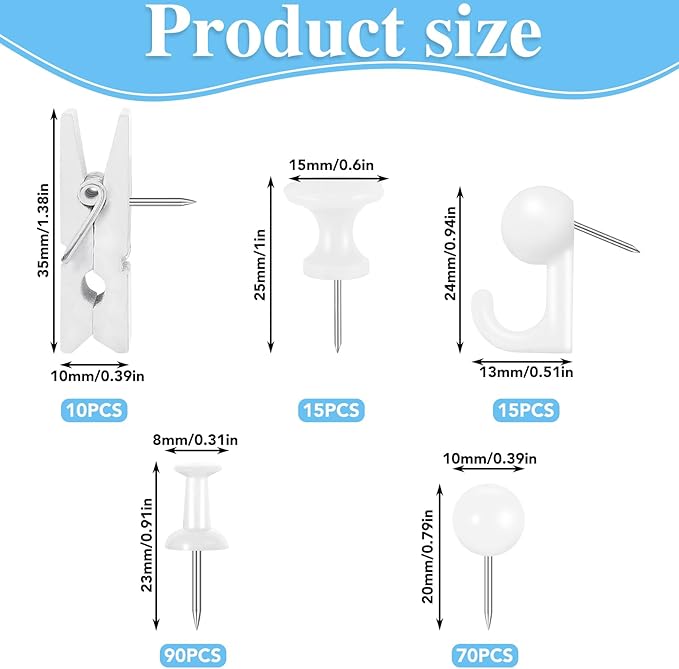 BESARME 200 Pieces Push Pins Set, 5 Types White Thumb Tacks Cute Decorative Push Pins for Wall Cork Board Bulletin Boards with Storage Box
