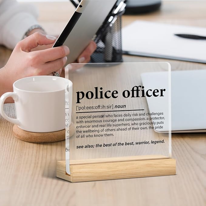 Police Gifts for Women Men, Police Officer Presents Definition Clear Acrylic Desk Decorative Sign for Home Office Decor, 4 x 4 Inches