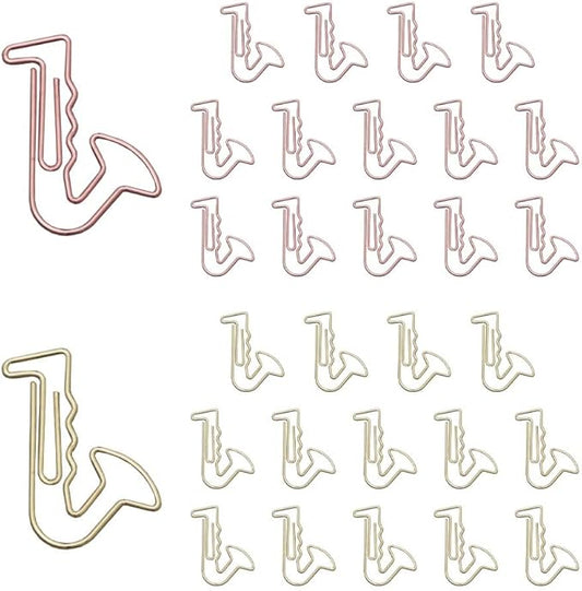 OWLFAVO 30pcs Saxophone Shape Paper Clips with Clear Box, Rose Gold and Yellow Gold, Funny Cute Paperclips Bookmarks Planner Clips for Fun Office Supplies School Gifts Wedding Decoration