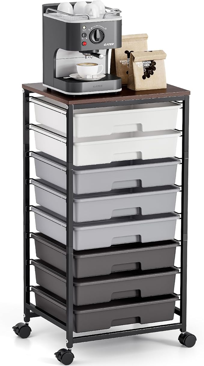 Rolling Storage Cart with 8 Drawers, Utility Cart on Wheels with Wooden Tabletop, Utility Cart for Teacher Storage, Office Organizer, Classroom Storage Cart, Craft Storage, Grey