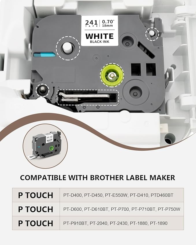 6-Pack Tze 18mm 0.7" Laminated Colored Label Tape Compatible for Brother P Touch Label Tape 3/4 Inch Tze 241 Label Maker Tape for PTD400 PTD610BT PTD410, White/Clear/Red/Blue/Yellow/Green