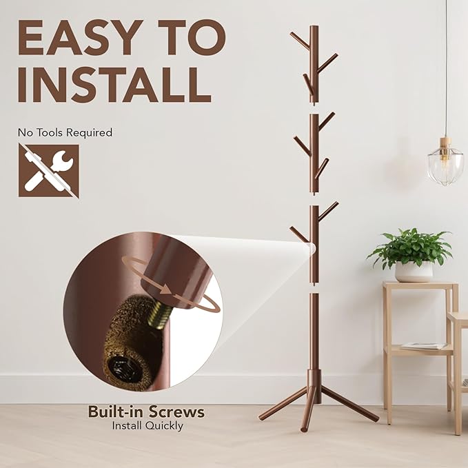 Wooden Tree Coat Rack Stand,Sturdy Freestanding Coat Rack with 8 Hooks,3 Adjustable Height for Child Adult,Wood Coat Stand Tree Fits Entryway Bedroom Office for Bags,Hats