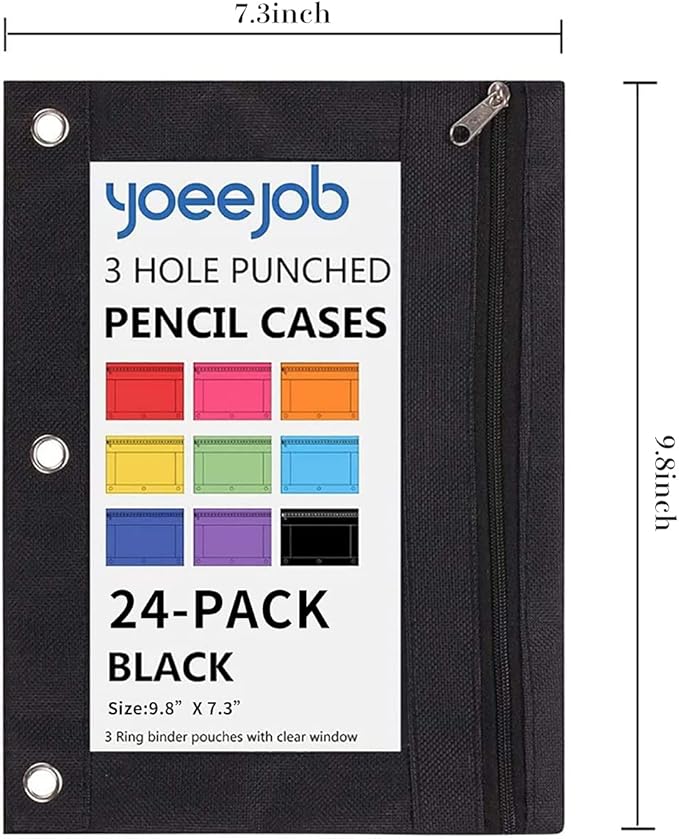 YoeeJob Pencil Pouch for 3 Ring Binder, Binder Pouches with Zipper Bulk, Pen Holder Case with Clear Window School Class Office Organizers, 24 Pack, Black
