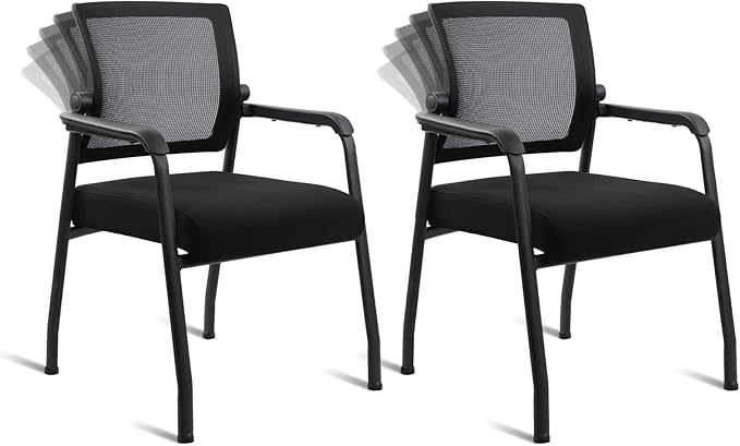 Desk Chair No Wheels with Adjustable Mesh Backrest, Arm Chair with Ergonomic Lumbar Support and Thickened Seats Cushion, Waiting Room Chairs for Office School Church Guest Reception, 2PACK