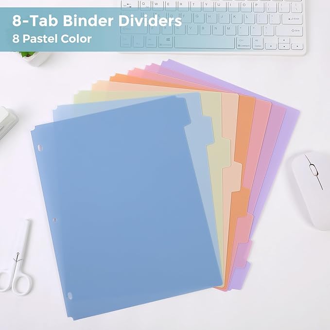 SKYDUE Durable Plastic 8-Tab Dividers, Big Tab Dividers for 3 Ring Binder, Write & Erase 3 Ring Binder Dividers with Tabs, with Sticker Labels, 1 Set, Pastel Color