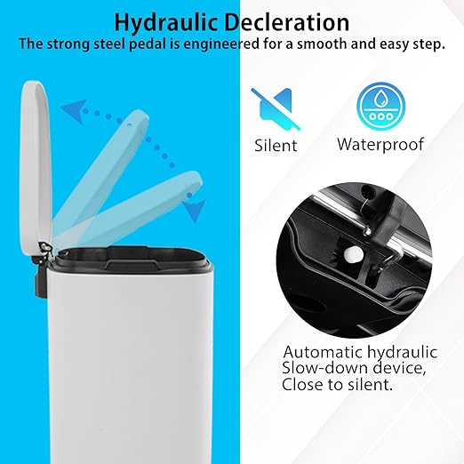 PayLessHere Stainless Steel Trash Can with Lid - Removable Inner Bucket, Foot Pedal Soft Close for Office, Home, Kitchen (White, 13 G)