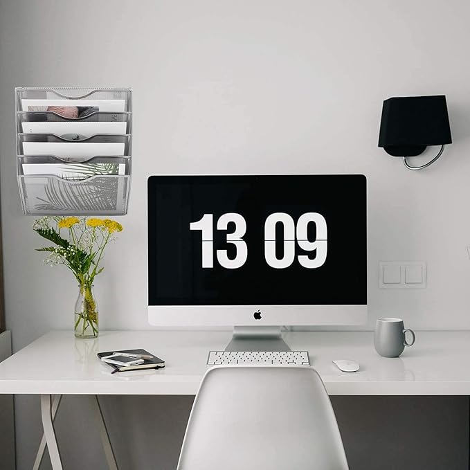 EASEPRES 5 Pocket Mesh Hanging Wall File Organizer, Wall Mounted Mail Paper Document Folder Holder, Clipboard Storage Organization Magazine Rack with Nametag Label for Office Home School, Silver