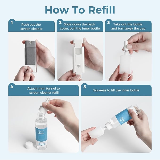 Click Clean Screen Cleaner Kits - 4 All-in-One Mist Cleaner with 4 oz Refill, 1 Microfiber Cloth(7.8 x 7.8in), 1 Mini Funnel, and 1 Sprayer - for All Phones, Laptop and Tablet Screens