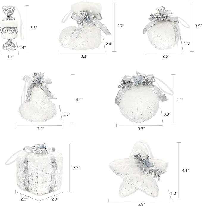 Nature Vibe Set of 18 Faux Fur White Christmas Ornaments in Gift Box,Ornament Balls and Hanging Stars with Silver Accent as Christmas Tree Decorations or Winter Wonderland Decorations