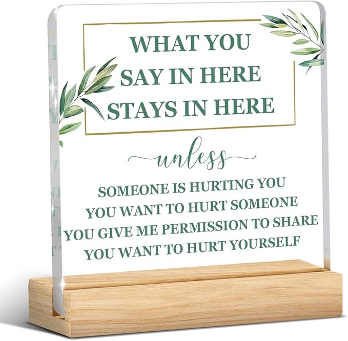 Therapy Office Decor, Confidentiality Counseling Office Decor, School Counselor Gifts, Gifts for Women Psychologist School Counselor, Acrylic Sign with Wooden Stand for Halloween Christmas Gift