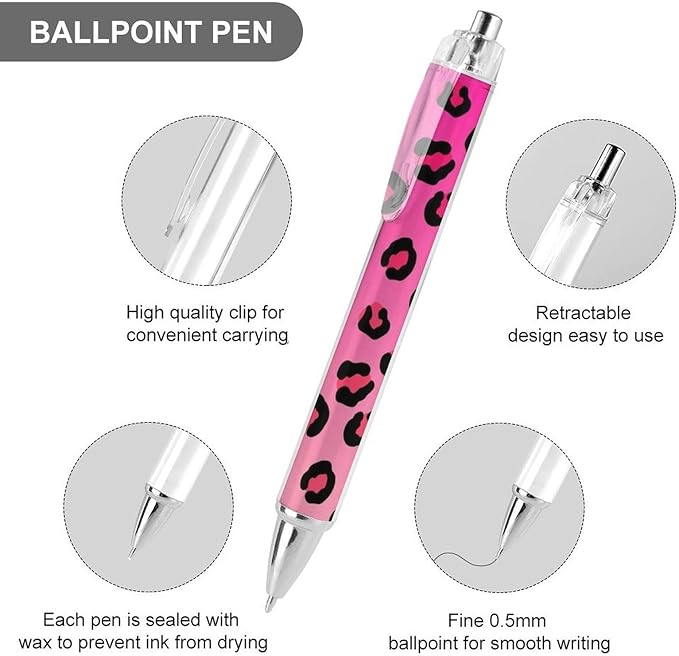 Fashion Smooth Writing Pens with Refillable Black Ink, Retractable Ball Point Pen Cheetah Leopard Blush Pink Ballpoint Pens for Writing Drawing, 2 Pcs