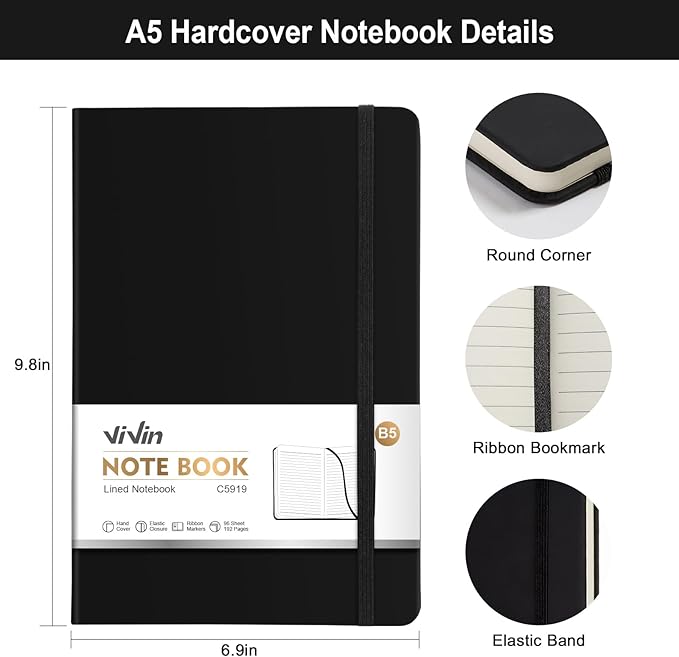 Vivin B5 College Ruled Notebook for Work,6.9"x9.8" Leather Hardcover Journal,192 Pages Professional Lined Notebook for Office & Business