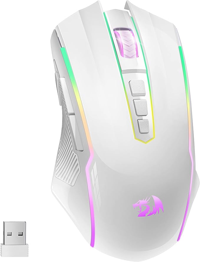 Redragon Wireless Gaming Mouse with RGB Backlit, 8000 DPI, with Fire Button, Macro Editing Programmable,70Hrs for Windows/Mac, Rechargeable, White, M910-WS