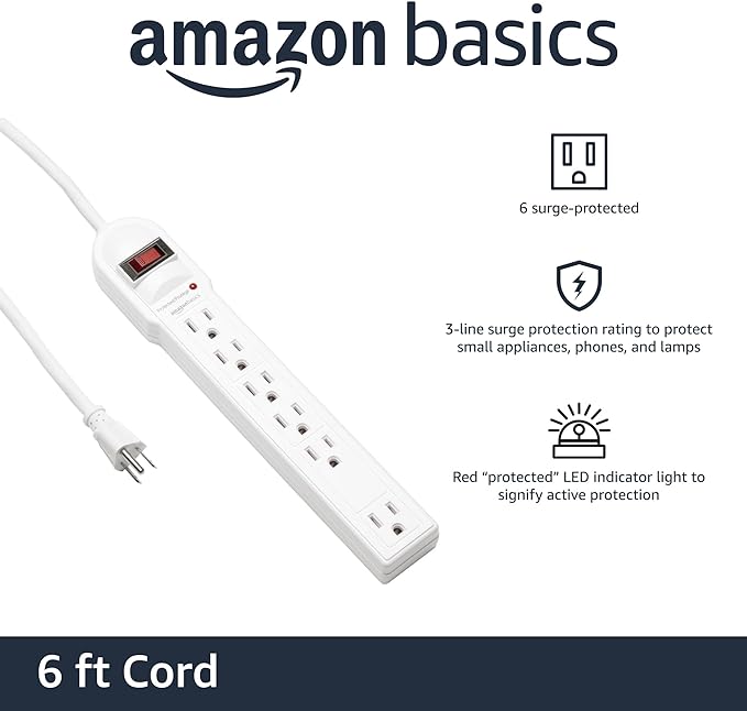 Amazon Basics Surge Protector Power Strip, 6-Outlet, 790 Joules, LED Indicator, 6ft Extension Cord, White