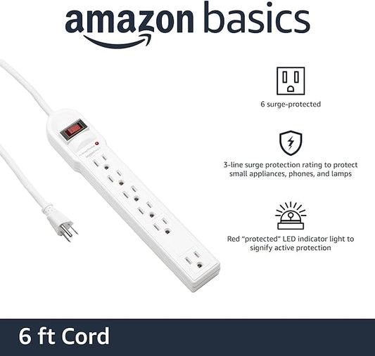 Amazon Basics Surge Protector Power Strip, 6-Outlet, 790 Joules, LED Indicator, 6ft Extension Cord, White