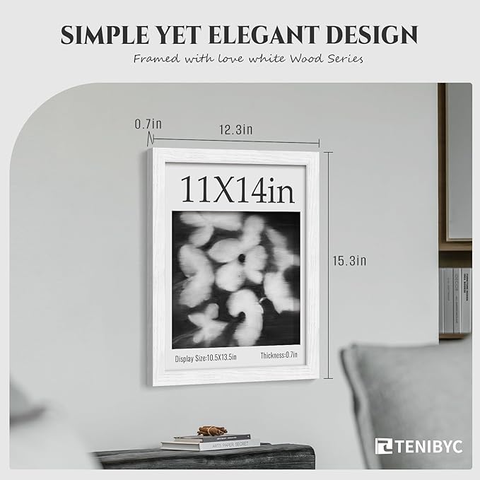 11x14 Picture Frame 4 Pack - White Solid Wood Poster Photo Frame - Tempered Glass - Woodgrain Series - Room, Office, Gallery, Studio Display - Wall Hanging