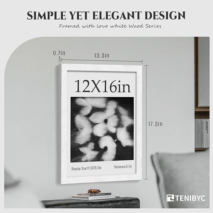 12x16 Picture Frame 4 Pack, HD Tempered Glass, Elegant Wood Grain, Classic White Photo Frame, Wall Hanging - Bedroom Decoration