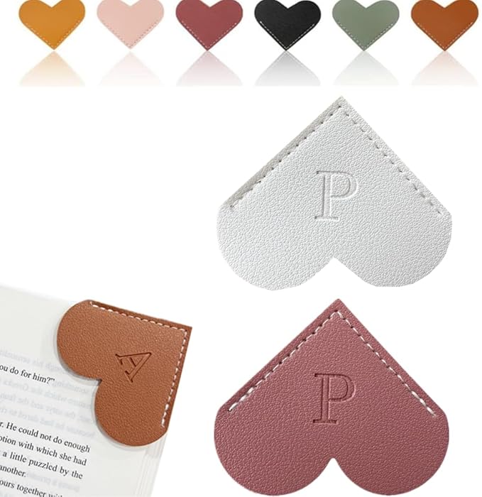 Personalized Leather Heart Bookmark, 26 Letters Customized Corner Book Mark for Reading Women, Book Marker with Initials，Cute Gifts (White+Deep Pink, P)