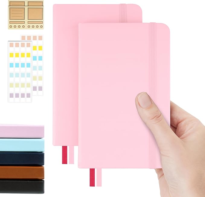 Pocket Dotted Notebook, 2-Pack Dot Grid Notebook, Dotted Journal with Stickers, 3.5" x 5.5" Hardcover, Small Mini A6 size, 160 Pages, 100 gsm Thick Paper, Blush Pink