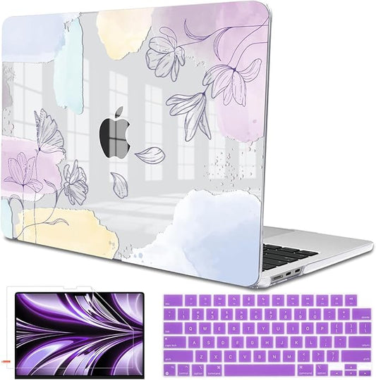 for MacBook Air 13.6 inch Case 2025 M4 A3240 2024 M3 A3113 2022 2023 A2681 M2 Chip, Crystal Plastic Pattern Hard Shell Case Cover for Mac Air 13.6 M4 2025 Touch ID, Watercolor Line Flowers