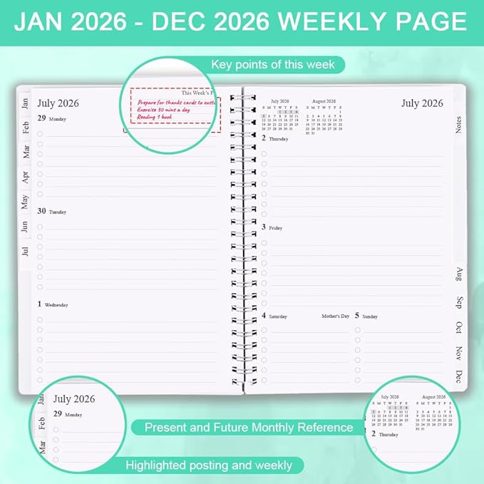 2026 Planner - Monthly Planner Runs January 2026 to December 2026, 6.25" x 8.25", 12 Monthly Tabs, 14 Notes Page, Inner Pocket, Flexible Cover with Twin-Wire Binding, Planners 2026, Teal