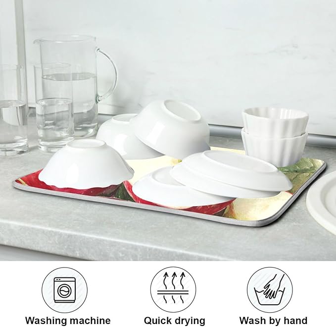 Leaves Red Apples Dish Drying Mat 18 X 24 Inch Natural Fresh Fruits Dry Dishes Pads Tableware Mats Absorbent Microfiber Protector for Kitchen Countertops Counter Home Decorations