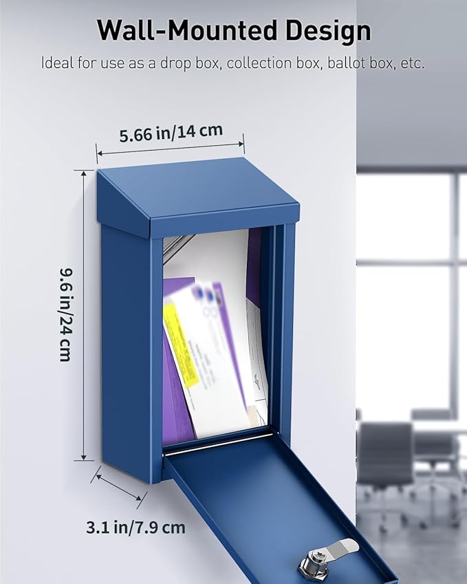 Uniclife Key Drop Box for Outside, Blue Metal Donation Box Collection Boxes with Key Lock, Safe Suggestion Boxes, Wall Mounted Mailbox with Top Slot, Steel Cash Drop Chest for Office Business