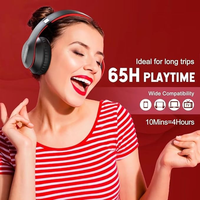 Wireless Bluetooth Headphones Over Ear 65H Playtime HiFi Stereo Headset with Microphone and 6EQ Modes Foldable Bluetooth V5.3 Headphones for Travel Smartphone Computer Laptop