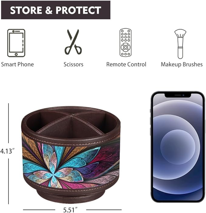 Rotating Pen Holder for Desk, Leather Pencil Pen Organizer Remote Control Holder Table Desktop Nightstand Organizer Caddy Storage, Office Desk Organizers And Accessories 5.5x5.5x4.0 Inch