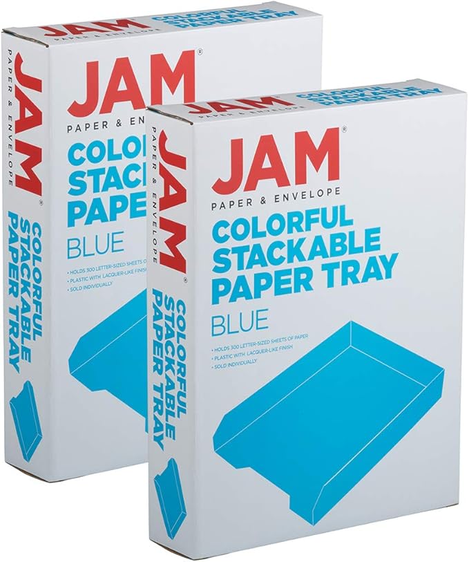 JAM PAPER Stackable Paper Trays - Blue - Desktop Document, Letter, & File Organizer Tray - 2/Pack