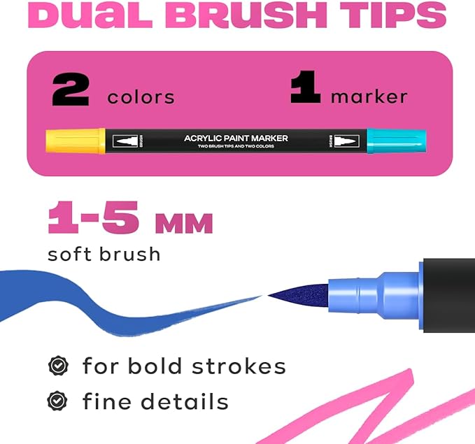 Acrylic paint pens create art – Dual Brush Tip Acrylic Markers Set, Waterproof Quick-Drying Ink for Rock Painting, Glass, Wood, Fabric (72)
