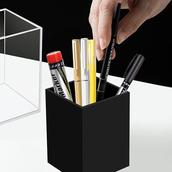 2 Pack Acrylic Pen Pencil Holder, Black Makeup Brush Holder Cup Storage Office Desktop Desk Table Stationery Organizer
