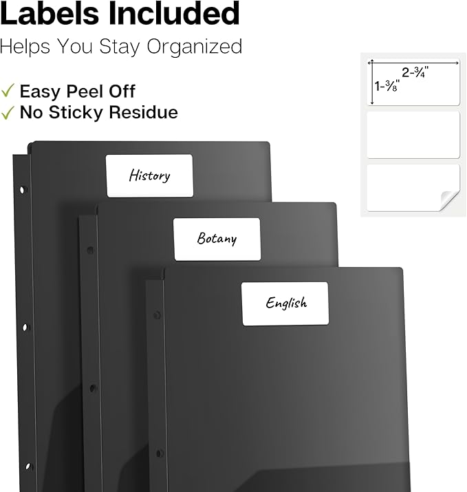 Dunwell Plastic 2-Pocket Folders for 3-Ring Binders, (3 Pack, Black) 3 Hole Punched, Divider Folder for Notebooks, Heavy Duty Poly, Fits 8.5x11 Sheets, Includes Labels