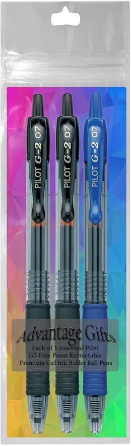 G2 Retractable Premium Gel Ink Roller Ball Pens Fine Point Fine Point (.7mm) Black/Blue Ink 3-pk; Refillable & Premium Comfort Grip Bundle with Plastic Reusable Pouch