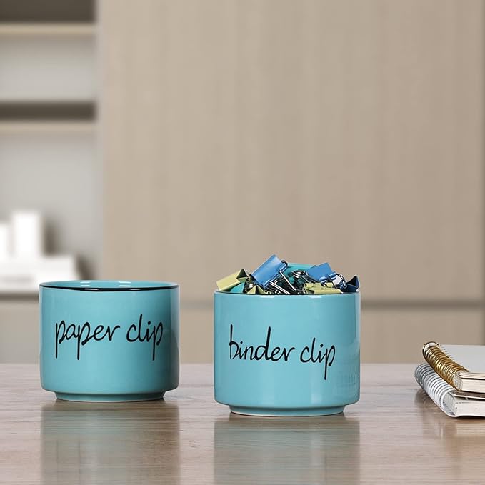 ONTUBE Ceramic Paper Clip Holder and Binder Clip Holder Set Dispenser Organizer for Desk (Turquoise)