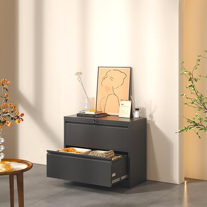 2 Drawer Lateral File Cabinet with Lock, Metal Lateral Filing Cabinet for Home Office, Steel Wide Horizontal Filing Cabinets for Letter/Legal/A4/F4 Hanging Files (Black)
