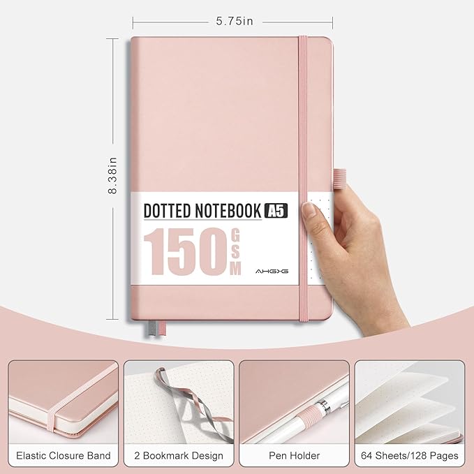 AHGXG Bullet Dotted Journal - 150 GSM Dot Grid Notebook Journal, Thick Acid-Free Paper, A5 Dotted Notebook 128 Pages, Leather Hardcover, Inner Pocket, Journal Stencil, 5.7'' × 8.3'' - Rose Gold
