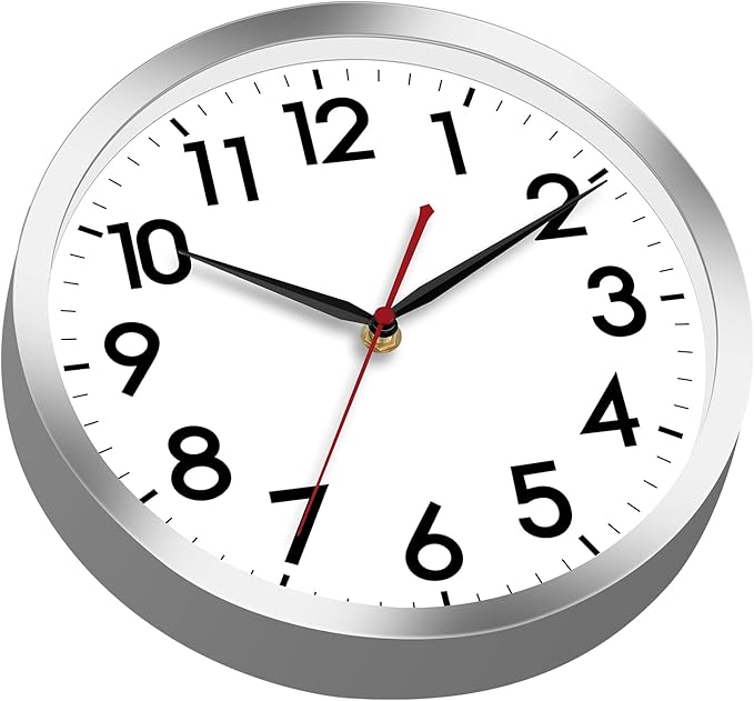 AKCISOT Wall Clock 12 Inch Silent Wall Clocks Battery Operated Non Ticking - Modern Silver Clock Decorative for Kitchen, Bathroom, Bedroom, Living Room, Office, Home