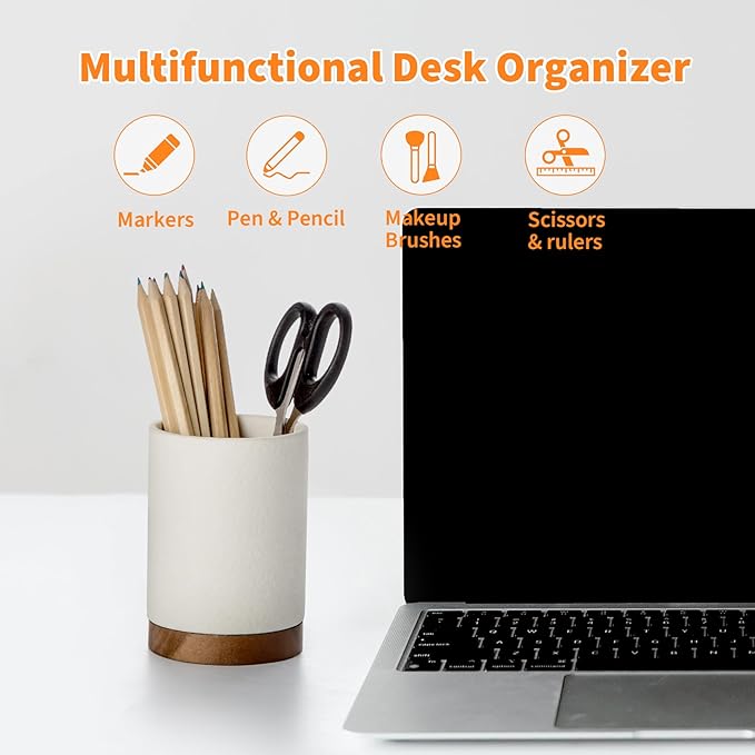 Pen Holder for Desk, Ceramic Pencil Organizer & Makeup Brush Holder, Office Decor and Desk Accessories，Perfect Office Organization,Teacher Supplies (White, Set / 1)
