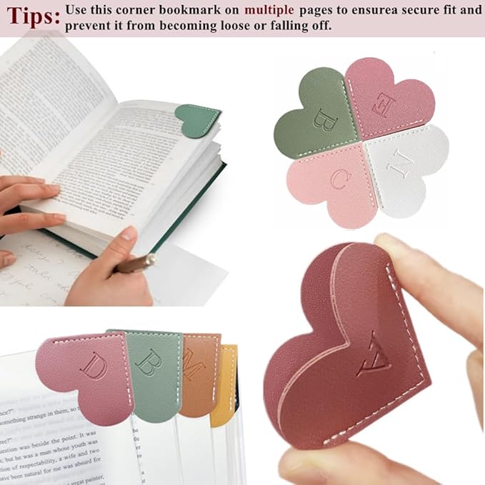 Personalized Leather Heart Bookmark, 26 Letters Customized Corner Book Mark for Reading Women, Book Marker with Initials，Cute Gifts (Light Pink+Deep Pink, O)